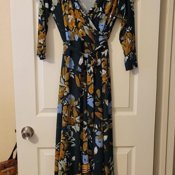 Du Jour Dark Green Floral Boho 3/4 Sleeve Faux Wrap Maxi Dress Size Medium - Picture 1 of 11